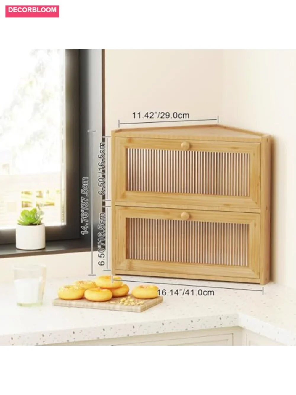 Corner Bread Box Double Layer Bamboo Storage with Wavy Windows Farmhouse Bread